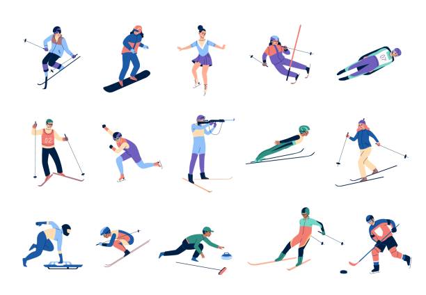 stockillustraties, clipart, cartoons en iconen met winter sports skating. skiers and snowboards athletes, mountains ski jumping and freestyle, bobsleigh, curling ice hockey, olympic games. people active poses vector cartoon isolated set - wintersport
