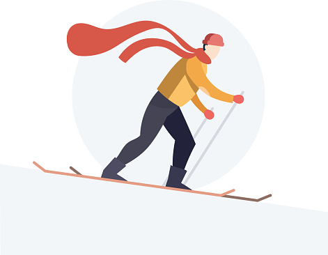 Winter tourism and skiing concept. Trendy flat style with skier in yellow and black sports suit. Vector of skier sliding downhill in windy weather. Snowy weather and downhill skiing vector illustration.