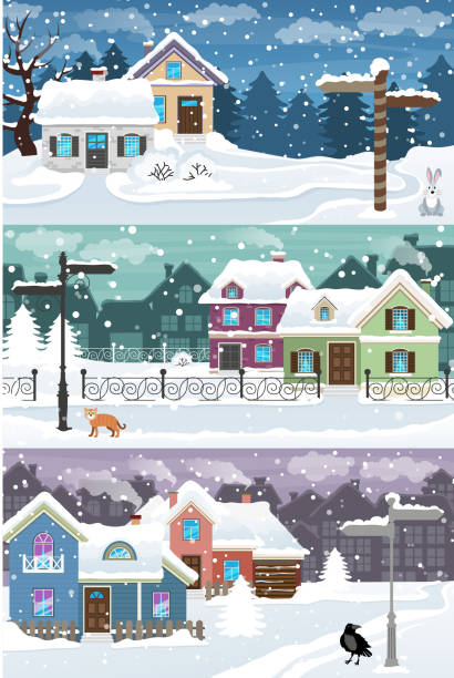 bildbanksillustrationer, clip art samt tecknat material och ikoner med winter town landscape - cat snow