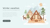 istock Winter vacation banner with suburban house. Log cabin in forest, terrace with chairs near fireplace, wild animals fox and deer near cottage. 1353572840