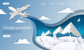 Winter vacations vector website template, web page and landing page design for website and mobile site development. Mountain tourism, winter holidays, travel concept, layered paper cut style.