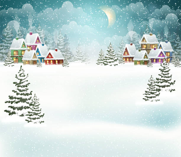 Winter village landscape vector art illustration