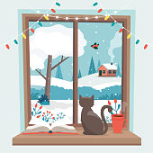 istock Winter window, with a cat, a book and a coffee cup on the sill. Cute cozy vector illustration in flat style 1190576868