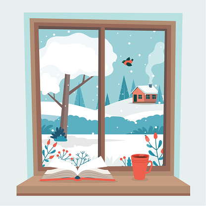 Winter window with view, a book and a coffee cup on the sill. Cute cozy vector illustration in flat style