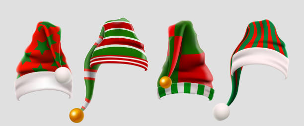 겨울 울 엘프 모자 크리스마스 세트입니다. 어린이를위한 xmas 녹색과 빨간 모피 모자 사진 소품. 산타 클로스 모자입니다. 겨울 옷입니다. 크리스마스 3d 현실적인 벡터 아이콘 세트 - 산타 모자 stock illustrations