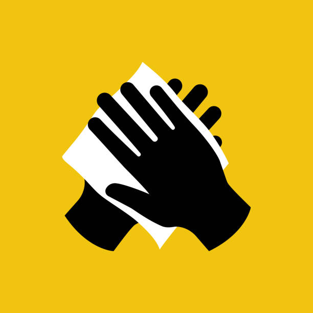Wipe your hand with damp cloth black icon. Wipe your hand with damp cloth black icon. Wipe skin paper tissue. Wash hand. Personal hygiene. White napkin. Vector illustration flat design isolated on background. Disinfection skin care. rubbing stock illustrations