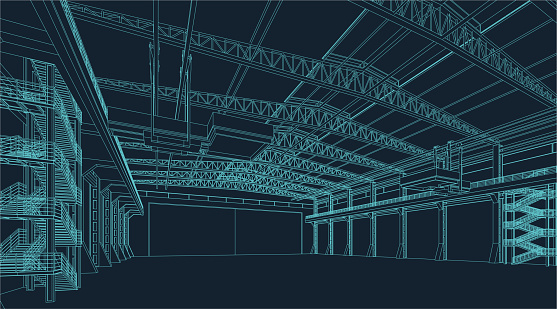 wire frame illustration of an industrial warehouse or hangar