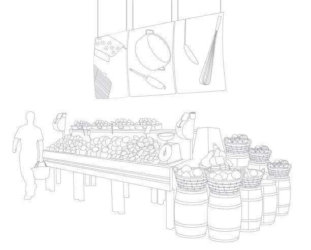 Wireframe Grocery Wire frame illustrations of a grocery store in the produce section. supermarket drawings stock illustrations