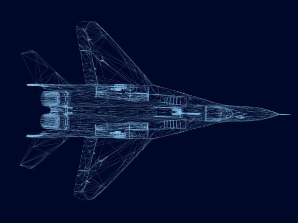 Wireframe of a fighter of blue lines on a dark background. View from above. 3D. Vector illustration Wireframe of a fighter of blue lines on a dark background. View from above. 3D. Vector illustration. fighter plane stock illustrations