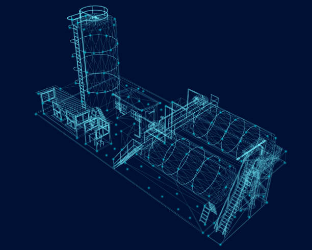 Wireframe of an industrial building from blue lines on a dark background. View isometric. Vector illustration Wireframe of an industrial building from blue lines on a dark background. View isometric. Vector illustration. wire frame model stock illustrations