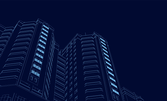 Wireframe of the building of the blue lines on a dark background. 3D. Polygonal building in perspective. Vector illustration