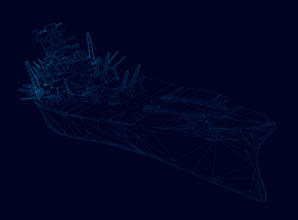 Wireframe warship with weapons. Ship from blue lines on a dark background. Isometric view. Vector illustration Wireframe warship with weapons. Ship from blue lines on a dark background. Isometric view. Vector illustration. military drawings stock illustrations