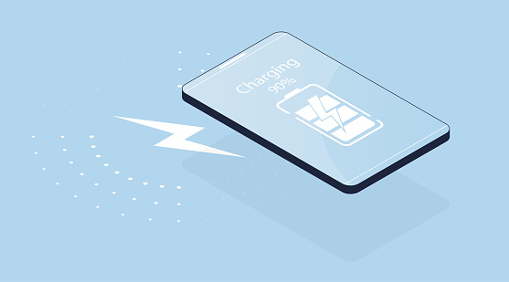 Wireless charger. Isometric 3d vector recharge symbol for infographic illustration. Charging energy lightning icon on blue background.
