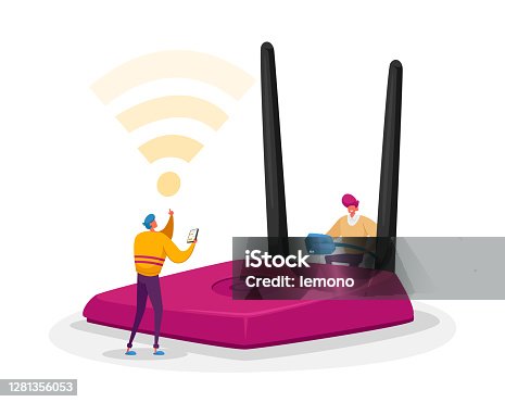 istock Wireless Connection, Modern Technology Concept. Tiny Male Characters Set Up and Use Wifi Router. People Surfing Internet 1281356053