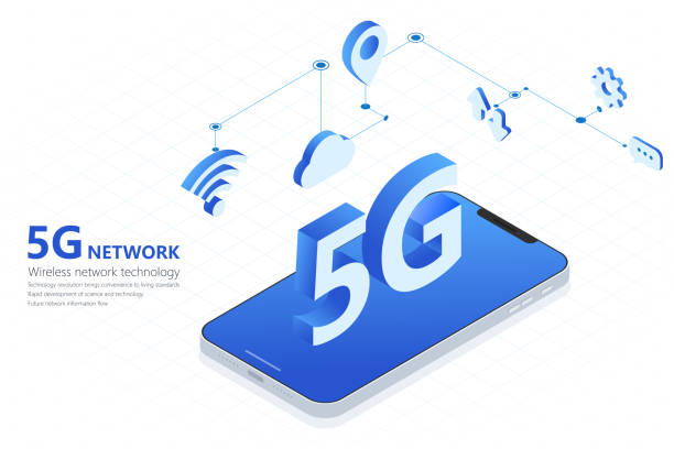 5G wireless network technology vector illustration, big letter 5G and smartphone isometric, mobile internet concept, digital service 5G wireless network technology vector illustration, big letter 5G and smartphone isometric, mobile internet concept, digital service xu stock illustrations