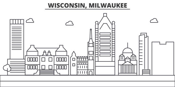 威斯康辛州, 密爾沃基城市建築線天際線插圖。具有著名地標、城市景觀、設計圖示的線形向量城市景觀。具有可編輯描邊的橫向 - milwaukee 幅插畫檔、美工圖案、卡通及圖標