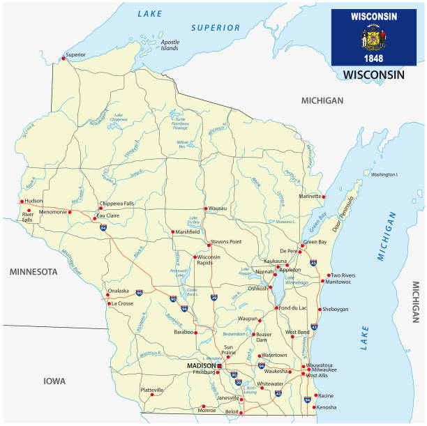 wisconsin road map with flag wisconsin road vector map with flag michigan iowa stock illustrations