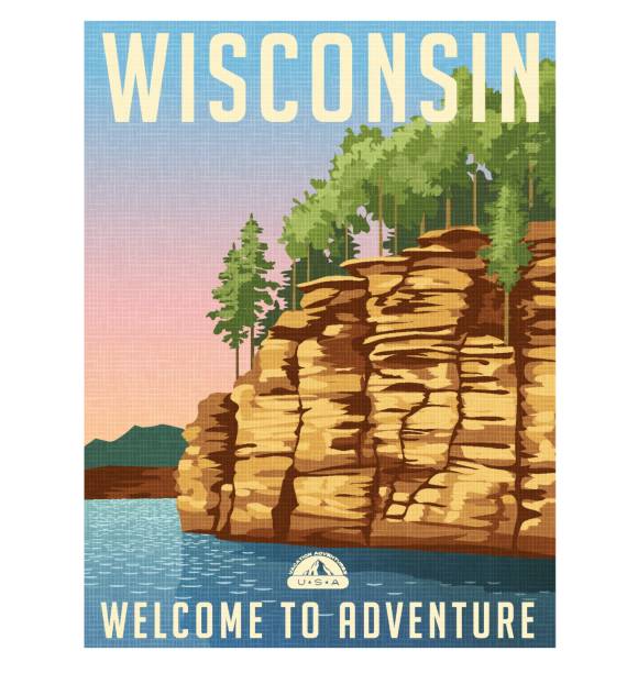 威斯康辛州旅行海報或貼紙。向量圖的砂岩斷崖威斯康星河上。 - 州立公園 幅插畫檔、美工圖案、卡通及圖標