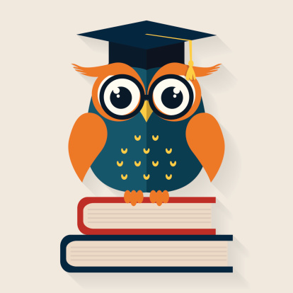 Wise owl sitting on the books. Vector illustration.