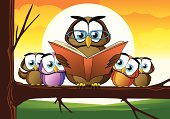 Fully editable vector illustration of a cartoon owl teaching kids to read a book.