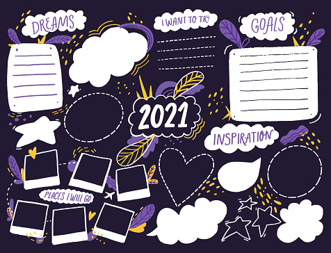 Wish board template with place for goals, dreams list, travel plans and inspiration. Vision collage for teens, nursery poster design. Journal page for planning, new year resolutions in 2021. Vision board workshop asset