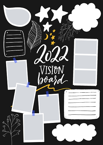 Wish board template with place for goals, dreams list, travel plans and inspiration. Vision collage for teens, nursery poster design. Journal page for planning, new year resolutions in 2022. Vision board workshop asset.
