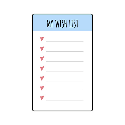 Wish list element for bullet journal. Page template with hearts. Wishlist. Vector illustration isolated on white background