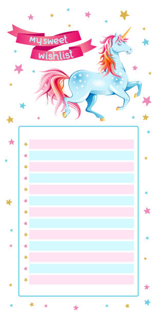 Wishlist card with unicorn Cute wishlist card with unicorn, ribbon, flowers, hearts, stars on white background. Christmas or Birthday organizer. Lettering 'My sweet wishlist". Cartoon character. Doodle vector background. horse borders stock illustrations