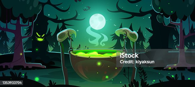 istock Witch cauldron in night forest Halloween scene 1353933704