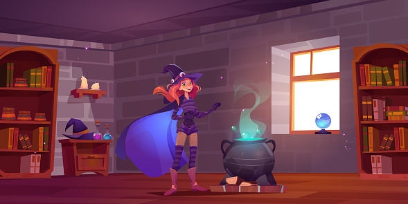 Witch cooking potion in magic school, enchantress