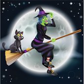 A Halloween illustration of a green witch flying on her broom with her cat in front of a star lit night sky with full moon