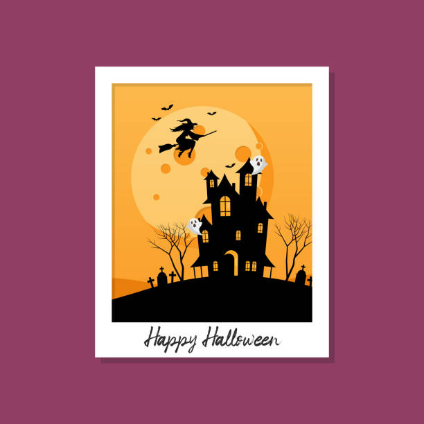 Witch flying over hauntd house with moon on background Witch flying over hauntd house with moon on background. Polaroid photo frame. Vector illustration halloween photos stock illustrations