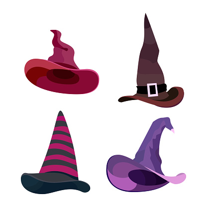 Witch hats with straps and buckles set. Vector illustration isolated