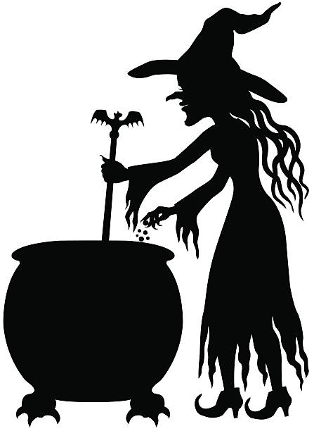 ведьма, делая зелье силуэт - witch stirring cauldron silhouette stock illus...