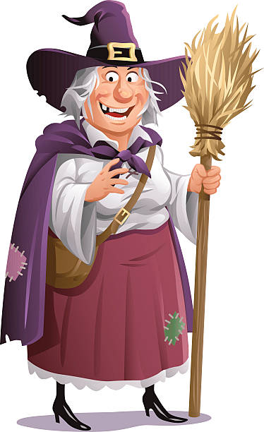 Witch With Broom Vector Illustration of an old witch with gray hair, wearing a dress and a hat, holding a broom and laughing at camera, isoalted on white. ugly old women stock illustrations