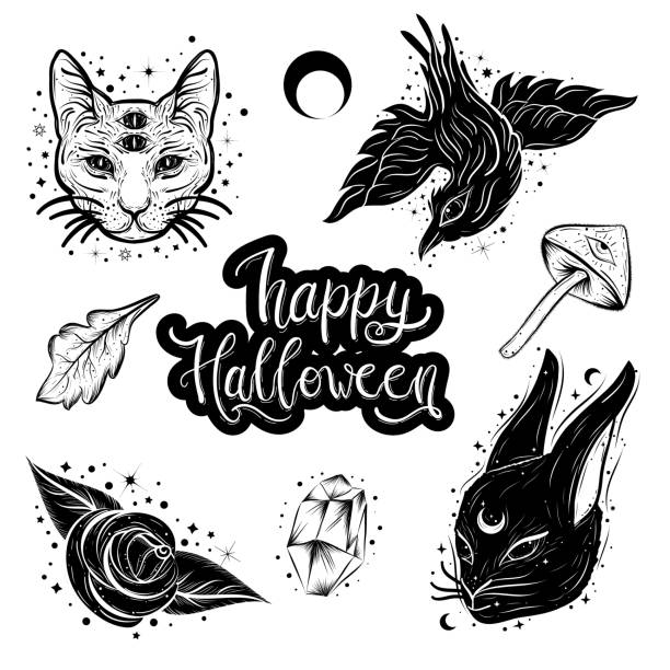 ilustrações de stock, clip art, desenhos animados e ícones de witchcraft, magic atributes collection. halloween elements set. - rock rose