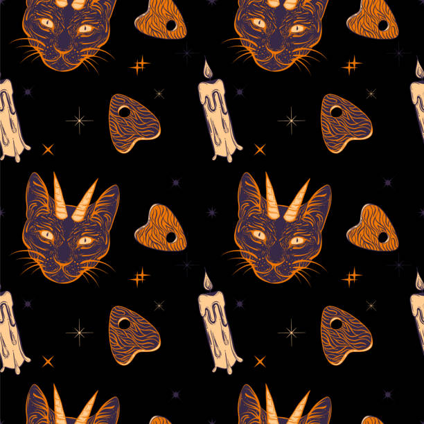 Witchcraft seamless pattern with devil cat, ouija board and candle. Mystic, occult background. Trendy vector illustration. Witchcraft seamless pattern with devil cat, ouija board and candle. Mystic, occult background. Trendy vector illustration. planchette stock illustrations