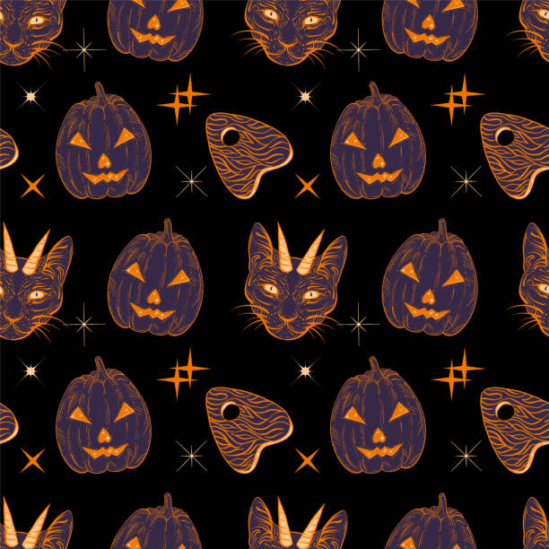 Witchcraft seamless pattern with devil cat, ouija board and halloween pumpkin. Mystic, occult background. Trendy vector illustration. Witchcraft seamless pattern with devil cat, ouija board and halloween pumpkin. Mystic, occult background. Trendy vector illustration. planchette stock illustrations