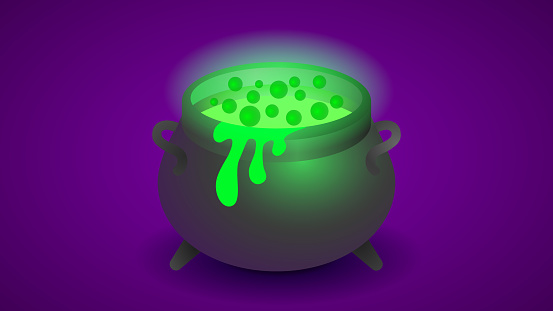Witch's pot with green boiling potion isolated on purple background