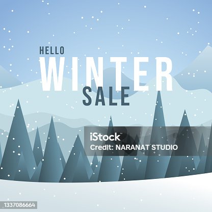 istock HELLO WINTER SALE with pine forest and snowy mountains ,Winter design background for content online or web, banner and template, Simple cartoon flat style. illustration Vector EPS 10 1337086664