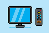 Vector illustration of a television with remote against a blue background in flat style.