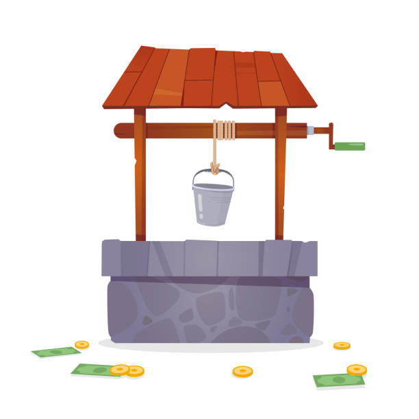 stockillustraties, clipart, cartoons en iconen met withdrawing money from wishing well - save water bucket