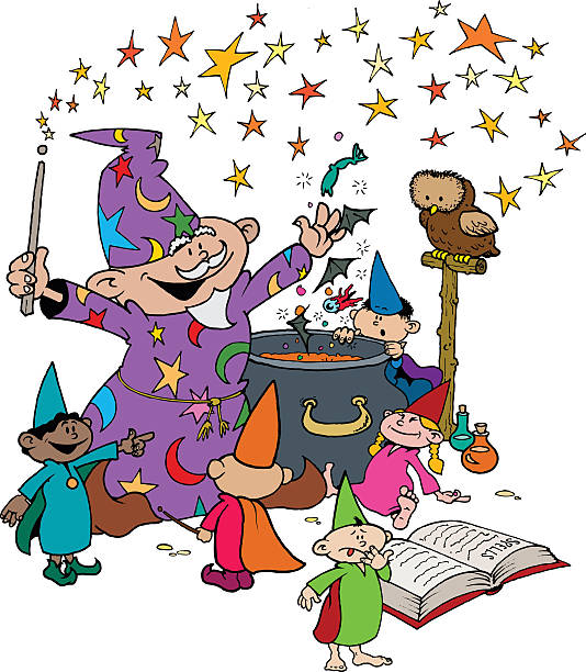 stockillustraties, clipart, cartoons en iconen met wizard with his young apprentices in magic workshop - kikkerbillen