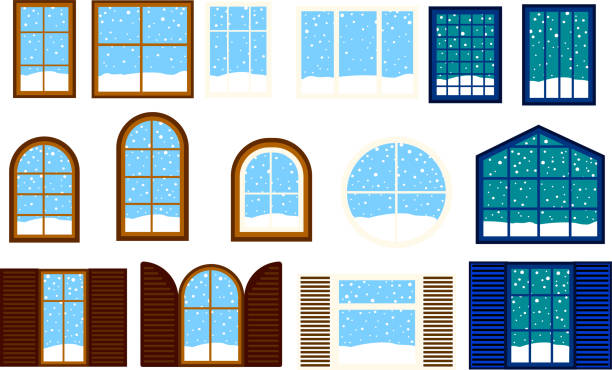 Wnter Snowfall Simple noon window set This is a vector illustration. window frame stock illustrations