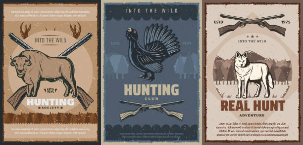늑대, 버팔로, 그라우스 사냥 동물, 사냥꾼 총 - buffalo shooting stock illustrations