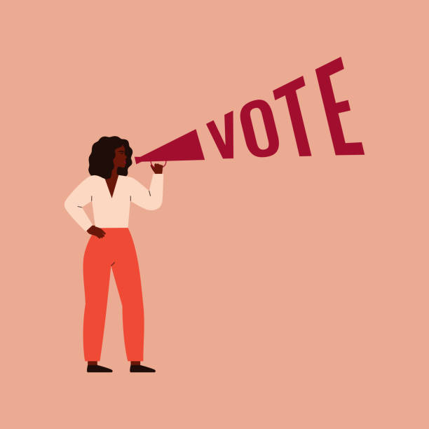 Woman activist is calling for votes. Strong black girl speaks into a megaphone. Woman activist is calling for votes. Voting, Election and suffrage women concept. Vector illustration voting stock illustrations