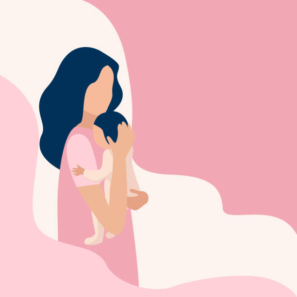 woman after childbirth with baby Happy mom with baby in her arms after childbirth. The joy of motherhood. Love and care for children. Mother's day, vector illustration on an abstract minimalistic background. mother backgrounds stock illustrations