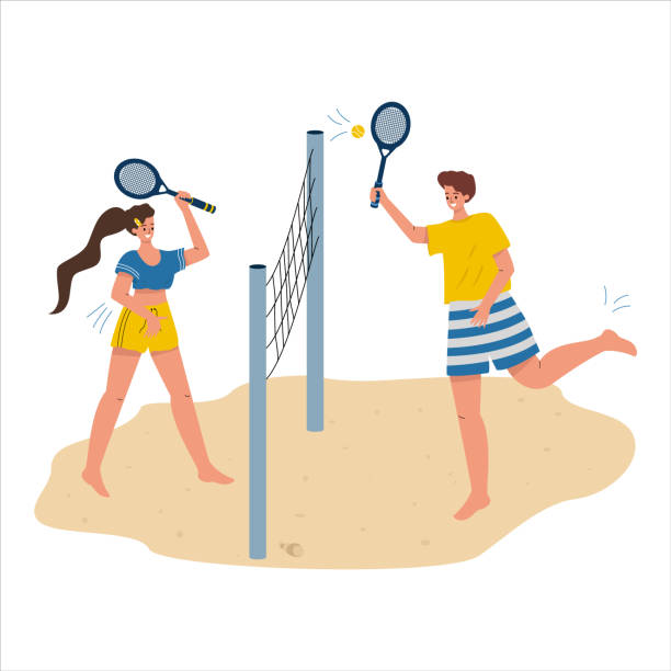 ilustrações, clipart, desenhos animados e ícones de uma mulher e um homem jogam beach tennis. esportes de verão, tênis na praia - beach tennis