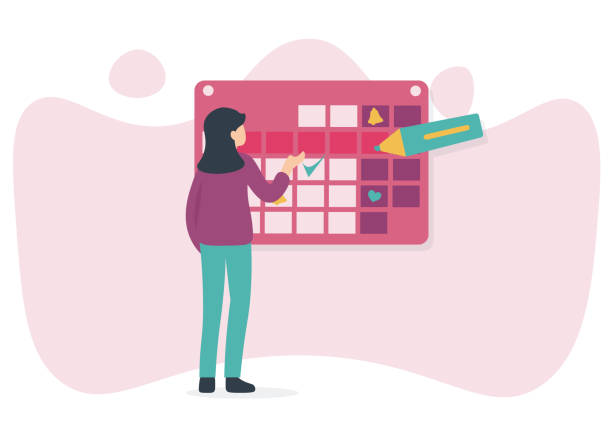 stockillustraties, clipart, cartoons en iconen met vrouw en kalender, marker - menstruatie