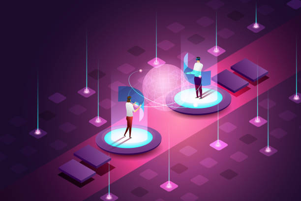Woman and man use online vr headphones connect to the virtual space. Experience Metaverse, the limitless virtual reality technology for future digital device users. woman and man use online vr headphones connect to the virtual space. isometric vector illustration. metaverse stock illustrations